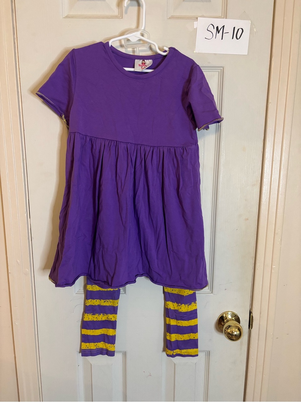 Ruffle girl Purple Kids Dress with Yellow-Striped Leggings